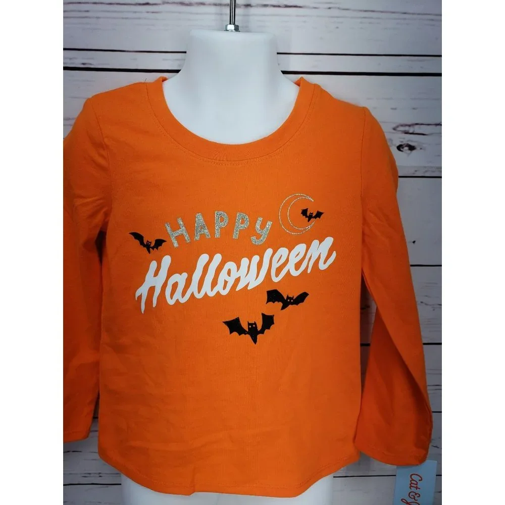 Cat & Jack Long sleeve‎ orange Shirt 4T Happy Halloween bats moon
